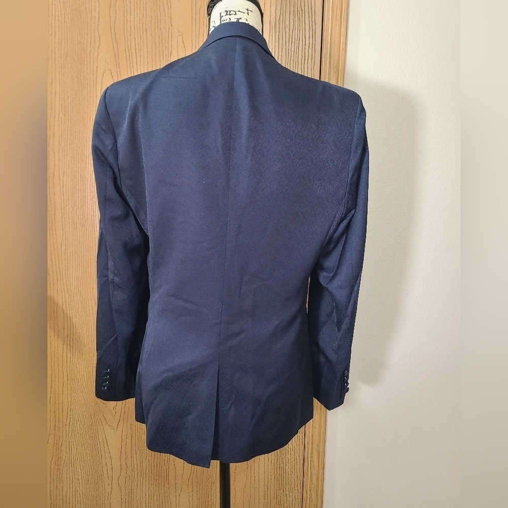 NWT Navy Blue Printed Textured Satin Lapel Tuxedo Jacket Blazer Suit Coat - Picture 3 of 3